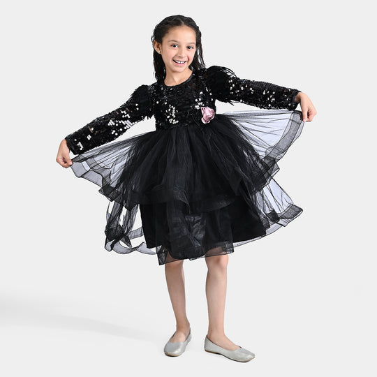 Girls Sequence Fancy Frock Feather-BLACK