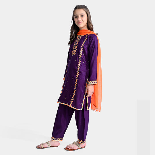 Girls Raw Silk 3PCs Suit Naqsh-Purple