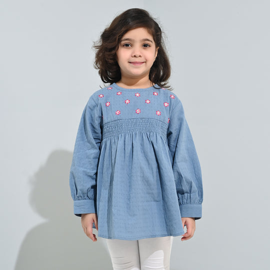 Girls Dobby Emb Top Smoking Wiggle-Blue