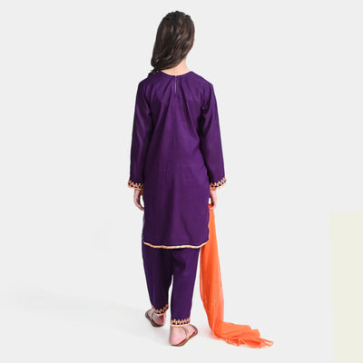 Girls Raw Silk 3PCs Suit Naqsh-Purple