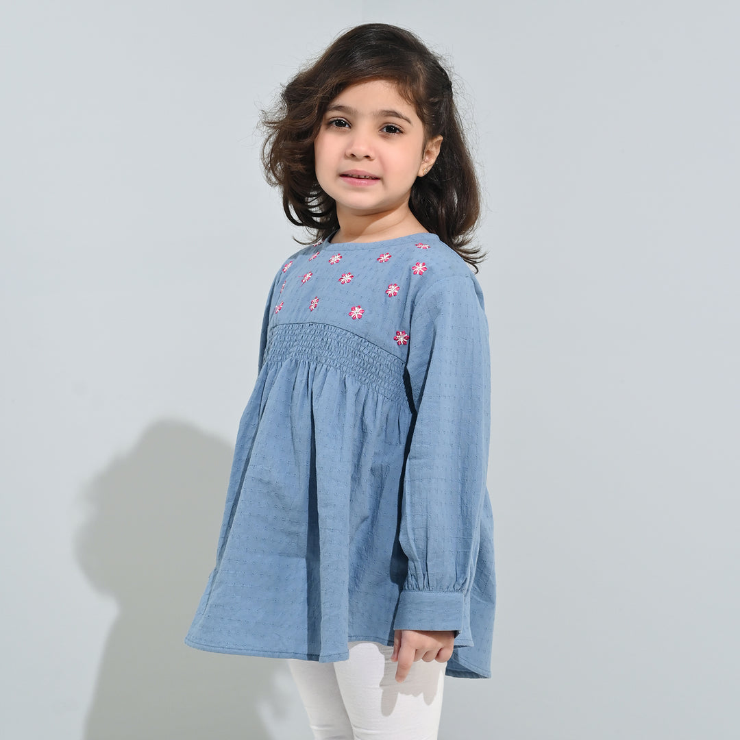 Girls Dobby Emb Top Smoking Wiggle-Blue