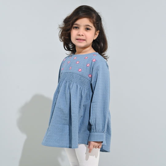 Girls Dobby Emb Top Smoking Wiggle-Blue