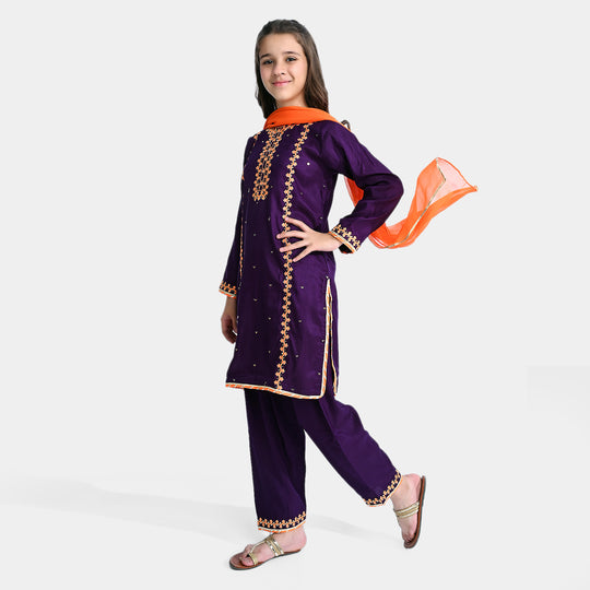 Girls Raw Silk 3PCs Suit Naqsh-Purple