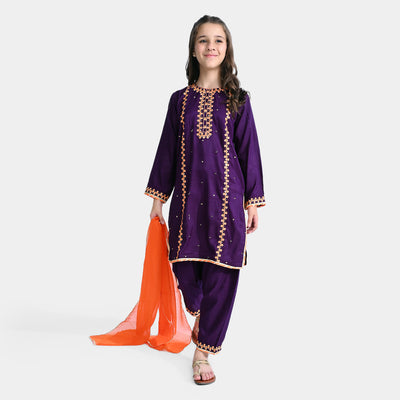 Girls Raw Silk 3PCs Suit Naqsh-Purple