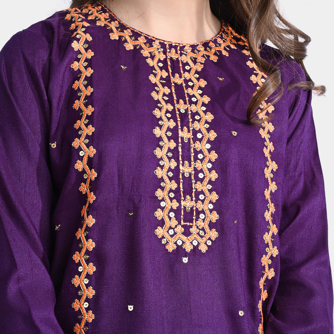 Girls Raw Silk 3PCs Suit Naqsh-Purple