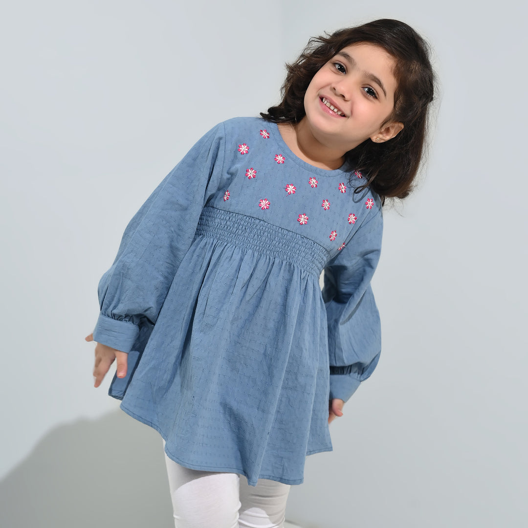 Girls Dobby Emb Top Smoking Wiggle-Blue