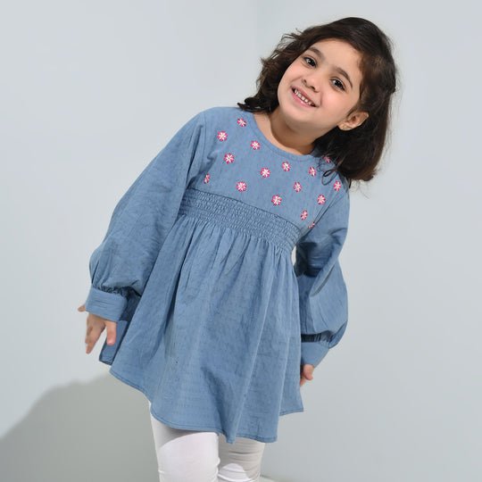 Girls Dobby Emb Top Smoking Wiggle-Blue