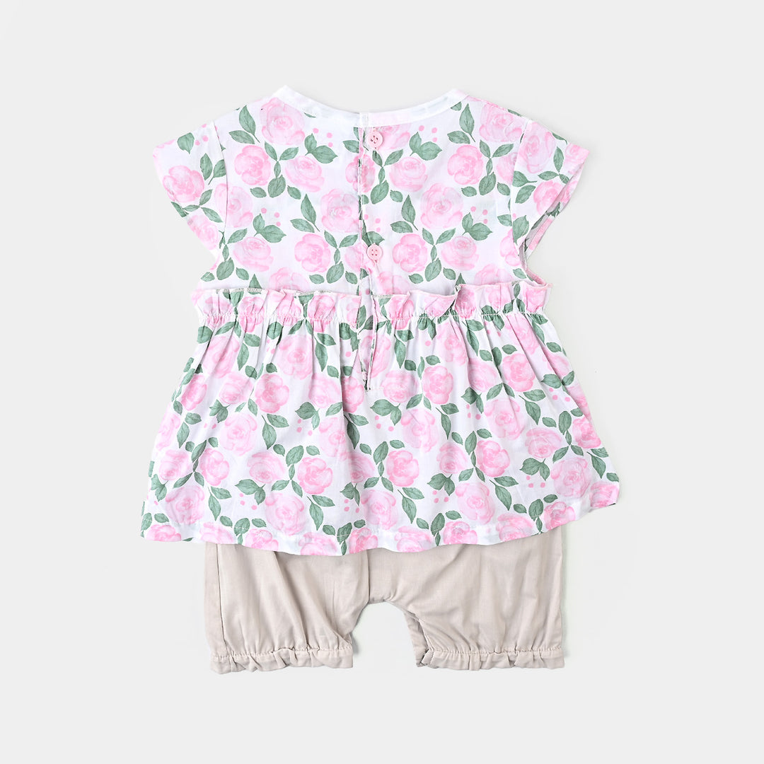 Infant Girls Cotton Interlock Suit-Pink/Beige