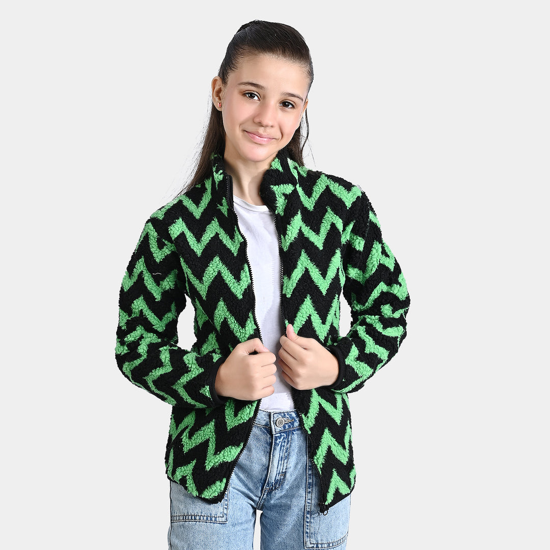 Girls Sherpa Knitted Jacket Fur Fabric-Green