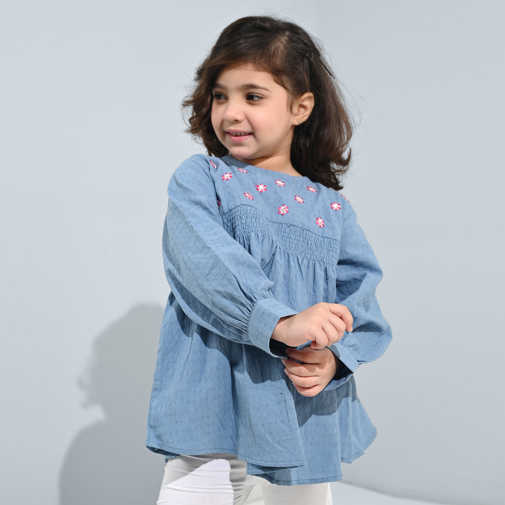 Girls Dobby Emb Top Smoking Wiggle-Blue
