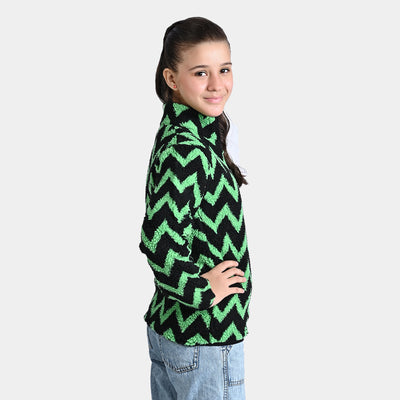 Girls Sherpa Knitted Jacket Fur Fabric-Green