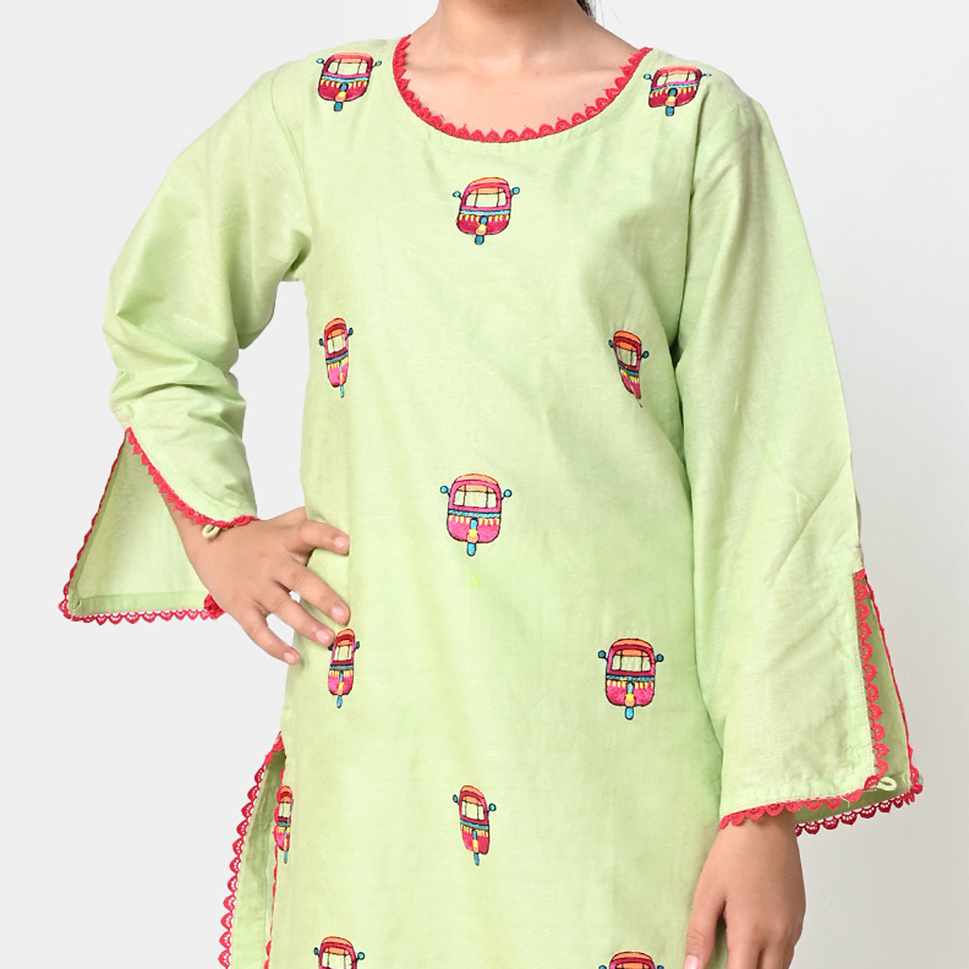 Girls Jacquard Embroidered Kurti Rikshaw Ride - Grape Green