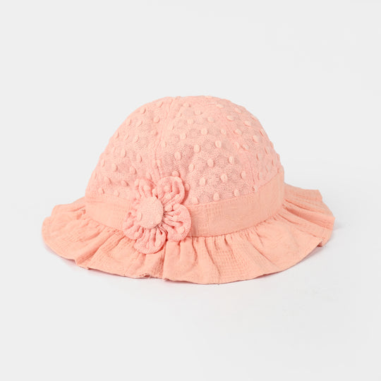 Peach Textured Baby Sun Hat with Ruffled Brim & Flower Accent