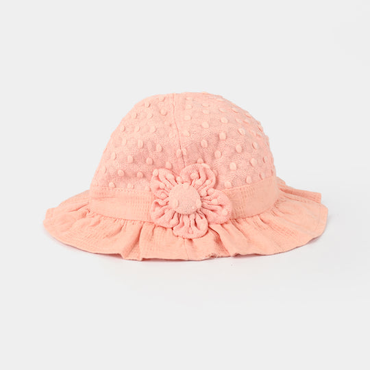 Peach Textured Baby Sun Hat with Ruffled Brim & Flower Accent