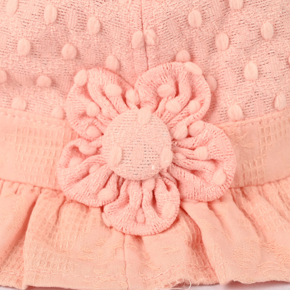 Peach Textured Baby Sun Hat with Ruffled Brim & Flower Accent