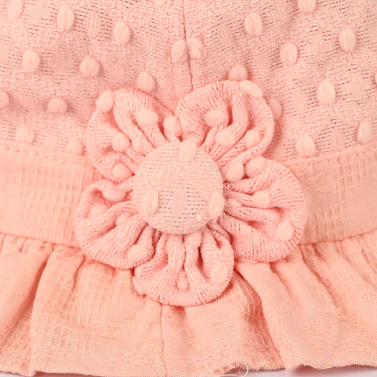 Peach Textured Baby Sun Hat with Ruffled Brim & Flower Accent
