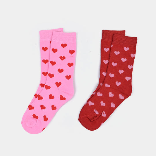 Girls Socks Pack of 2 Hearts-Pink/Red