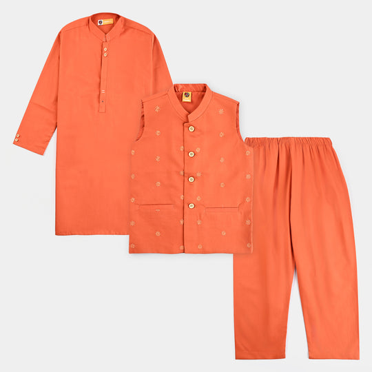 Boys Cotton Poplin 3 Piece Suit (Tone On Tone)-B/Orange