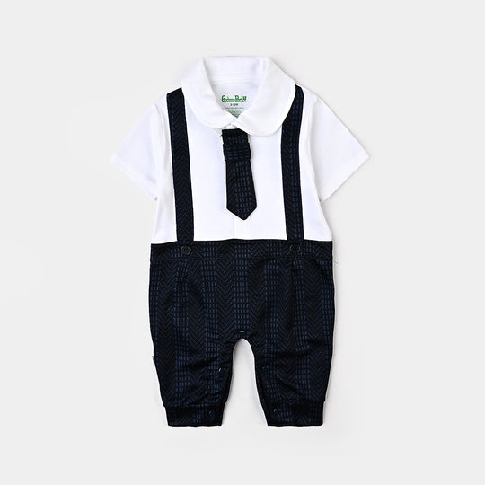 Infant Boys Cotton Interlock Romper-White/Navy