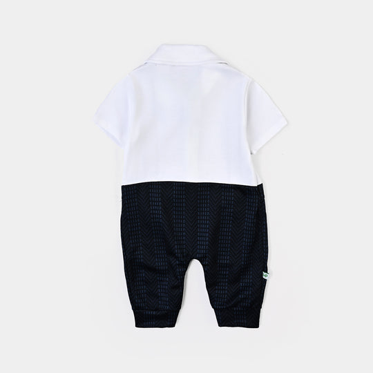 Infant Boys Cotton Interlock Romper-White/Navy