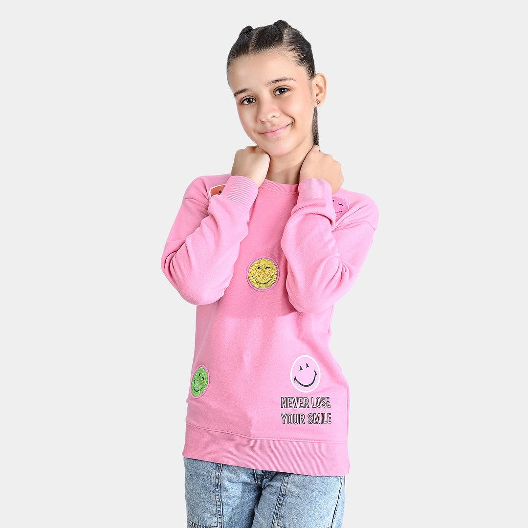 Girls Cotton Terry Sweatshirt Never Loose Your Smile-Sachet Pink