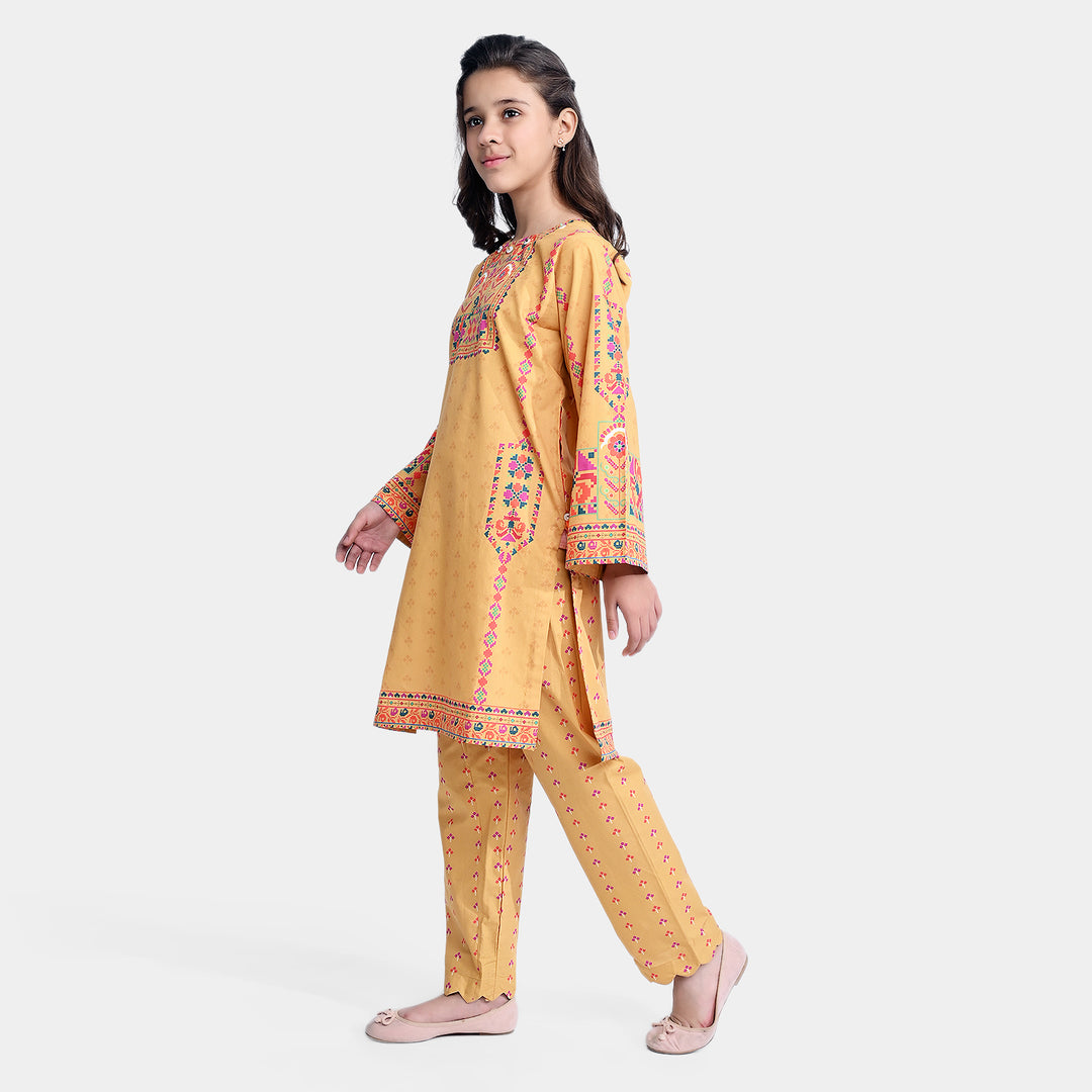 Girls Cotton Poplin Printed 2PCs Ethnic Style-Mustard