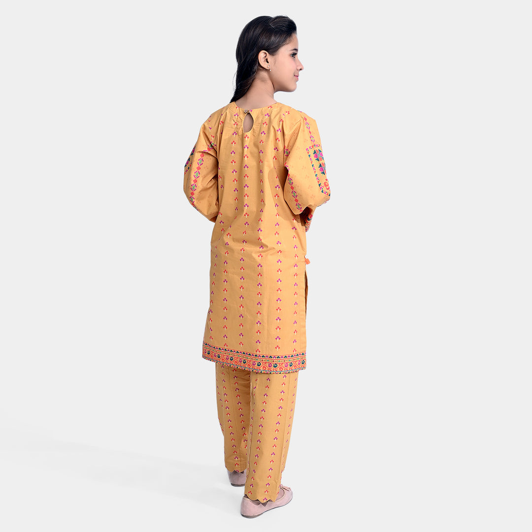 Girls Cotton Poplin Printed 2PCs Ethnic Style-Mustard