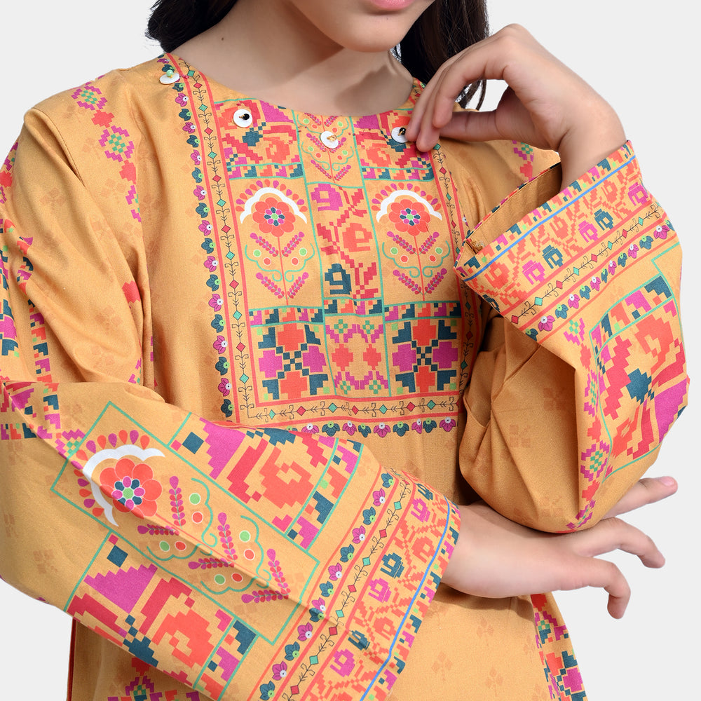 Girls Cotton Poplin Printed 2PCs Ethnic Style-Mustard