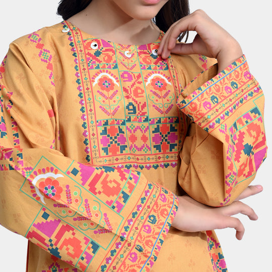 Girls Cotton Poplin Printed 2PCs Ethnic Style-Mustard