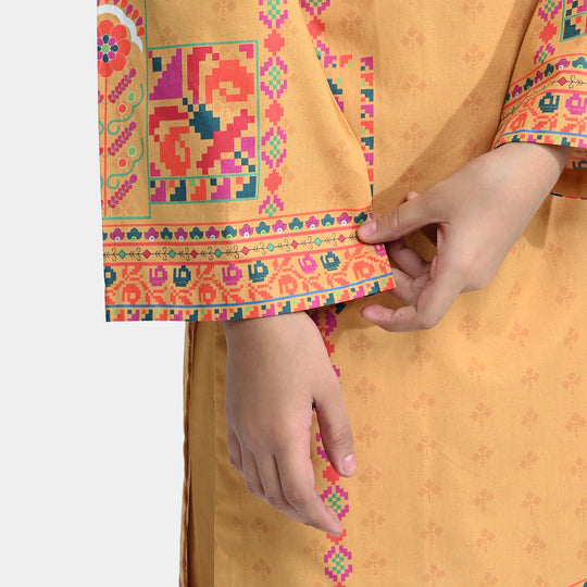 Girls Cotton Poplin Printed 2PCs Ethnic Style-Mustard