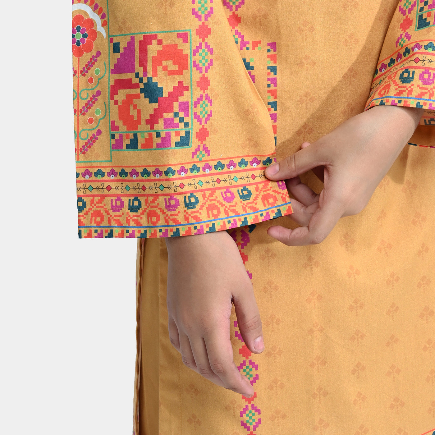 Girls Cotton Poplin Printed 2PCs Ethnic Style-Mustard