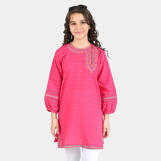 Girls Cotton Emb Kurti Cuffed-Pink