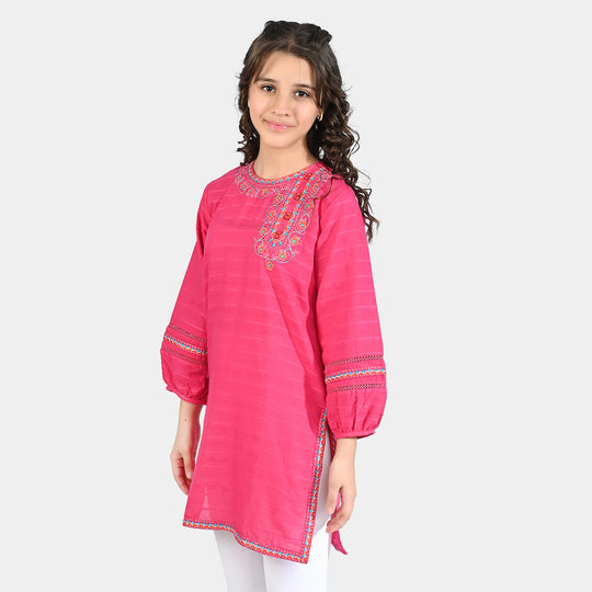 Girls Cotton Emb Kurti Cuffed-Pink