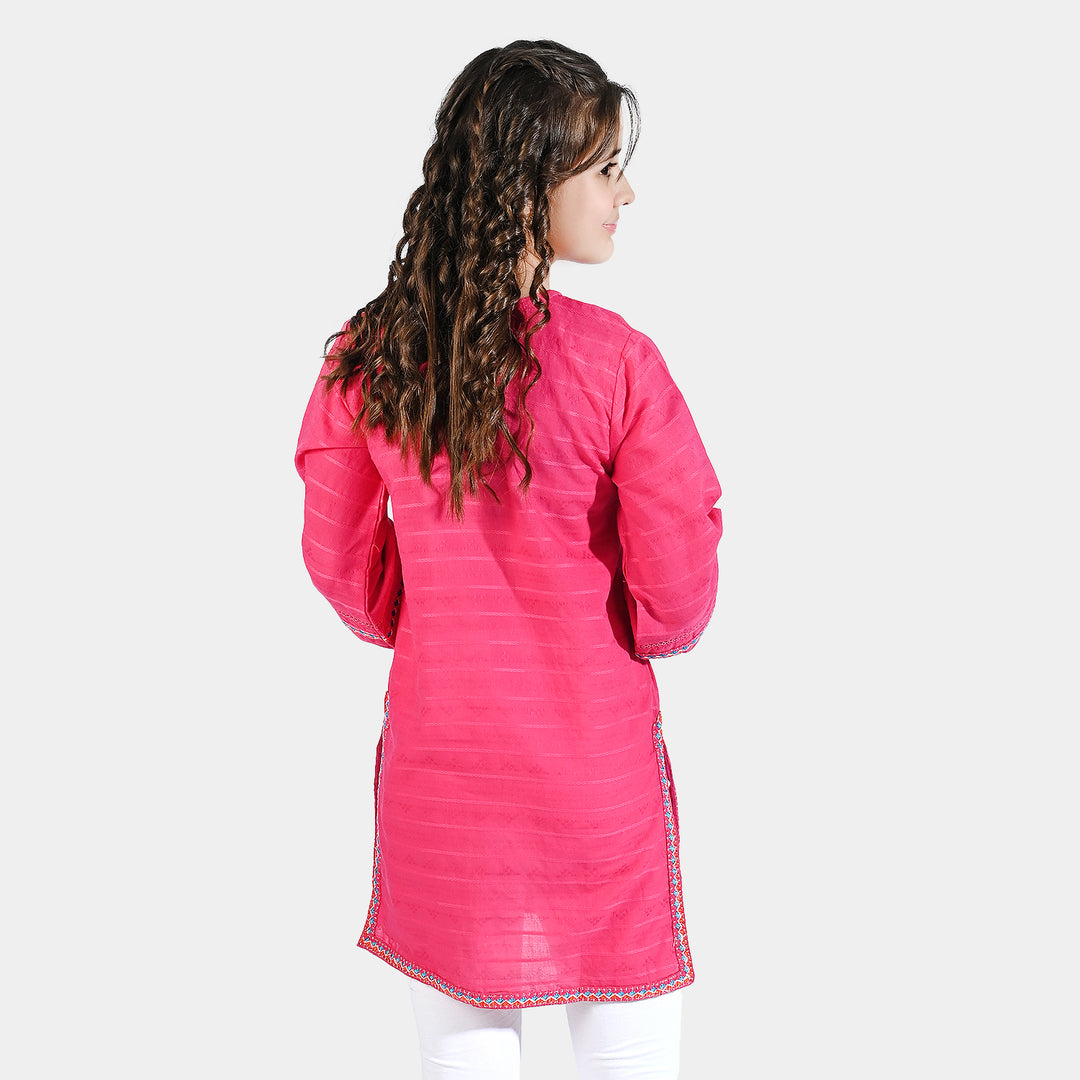 Girls Cotton Emb Kurti Cuffed-Pink