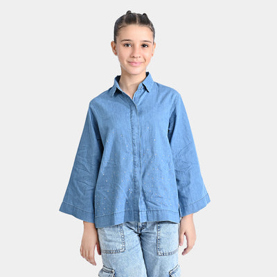 Girls Tensile Denim (Light Denim) Emb Top Studs-Blue