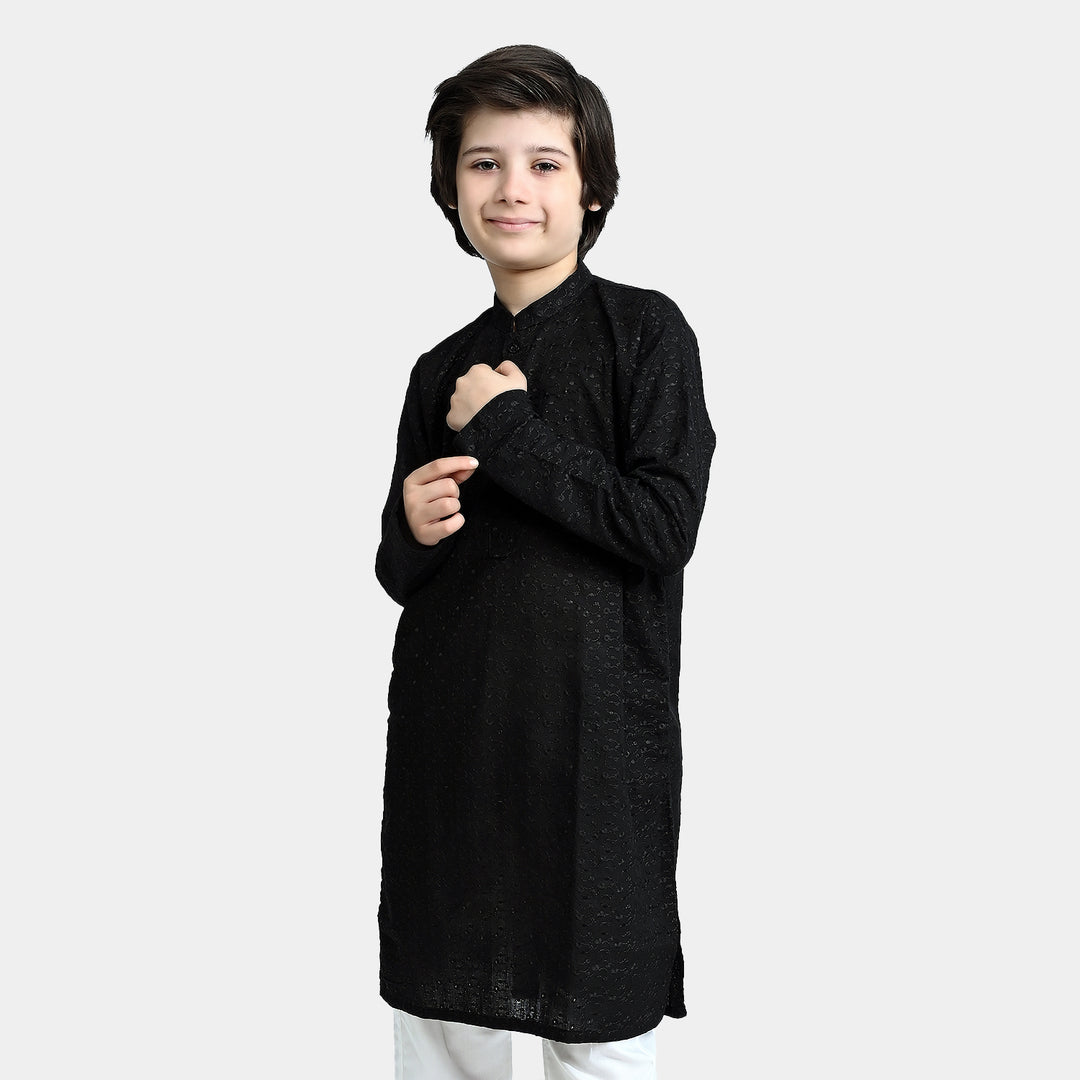 Boys Chikan Kari Basic Kurta Chicken-BLACK