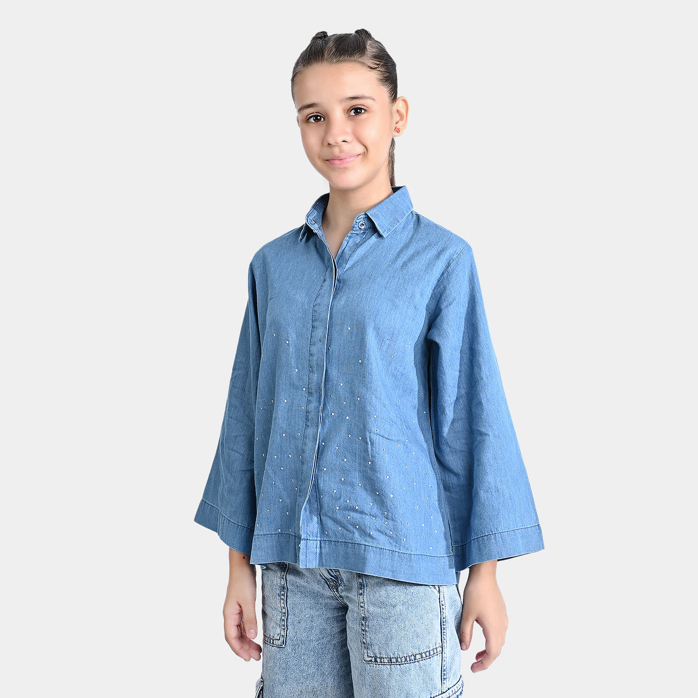 Girls Tensile Denim (Light Denim) Emb Top Studs-Blue