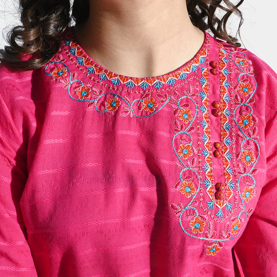 Girls Cotton Emb Kurti Cuffed-Pink