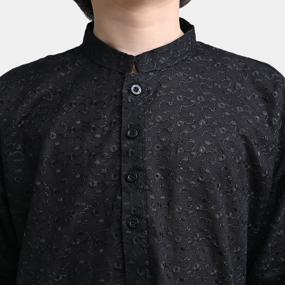 Boys Chikan Kari Basic Kurta Chicken-BLACK