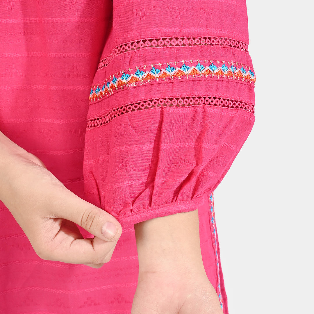 Girls Cotton Emb Kurti Cuffed-Pink