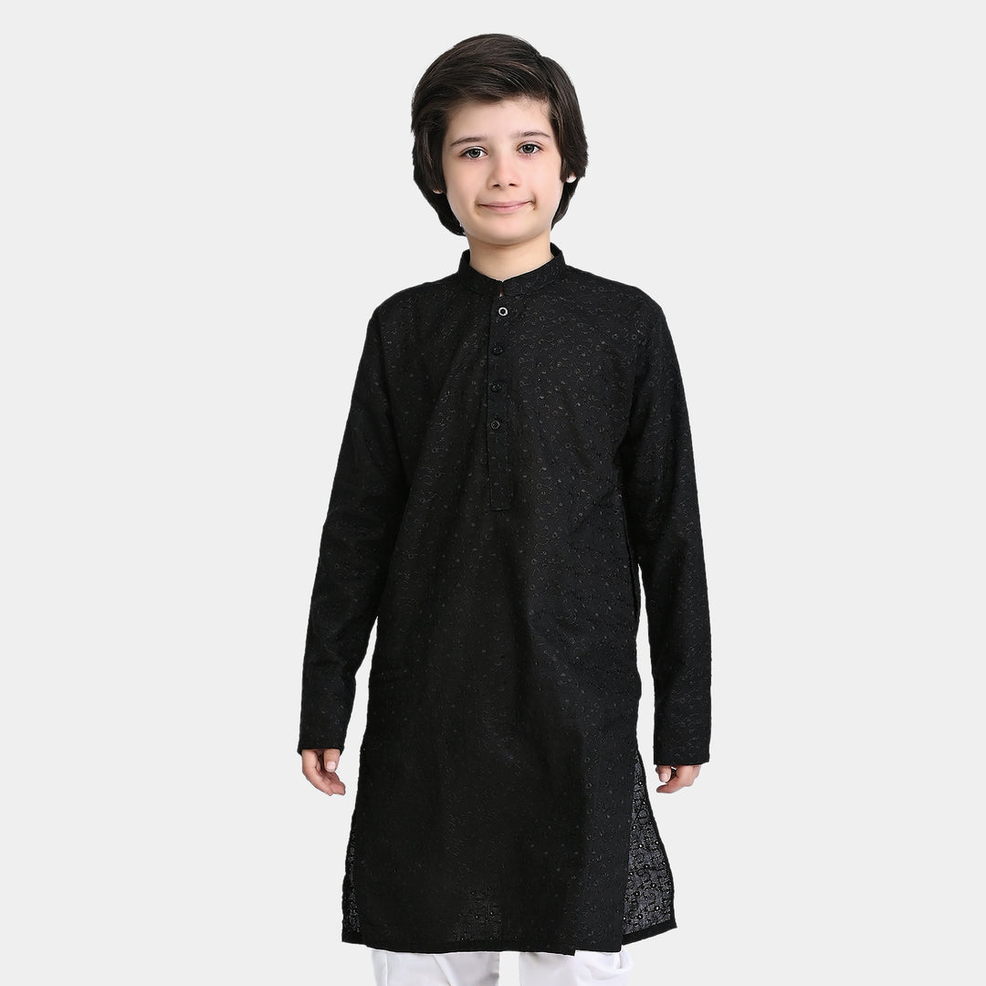 Boys Chikan Kari Basic Kurta Chicken-BLACK