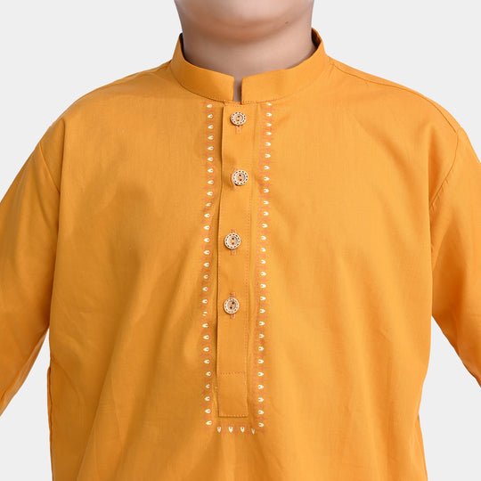 Boys Cotton Poplin Printed Kurta (I. Motif)-Mustard