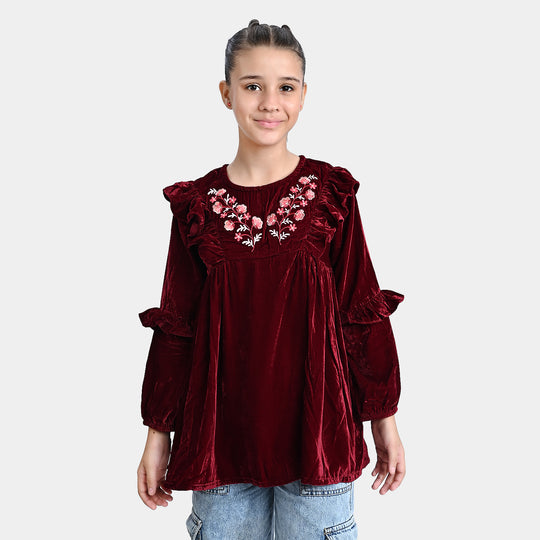 Girls Velvet Emb Top Ruffles And Flowers-MAROON