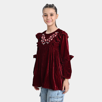 Girls Velvet Emb Top Ruffles And Flowers-MAROON