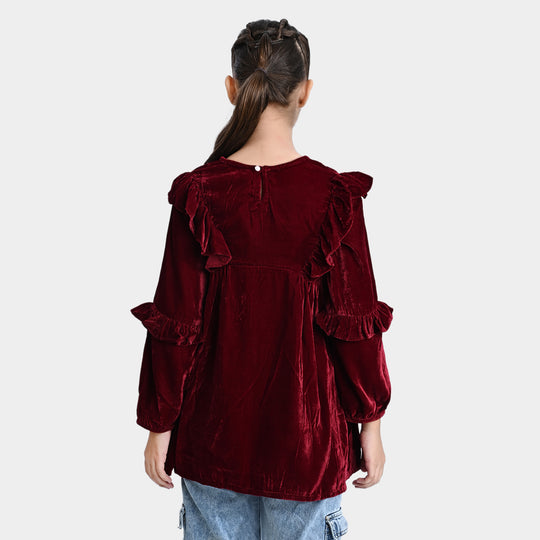 Girls Velvet Emb Top Ruffles And Flowers-MAROON