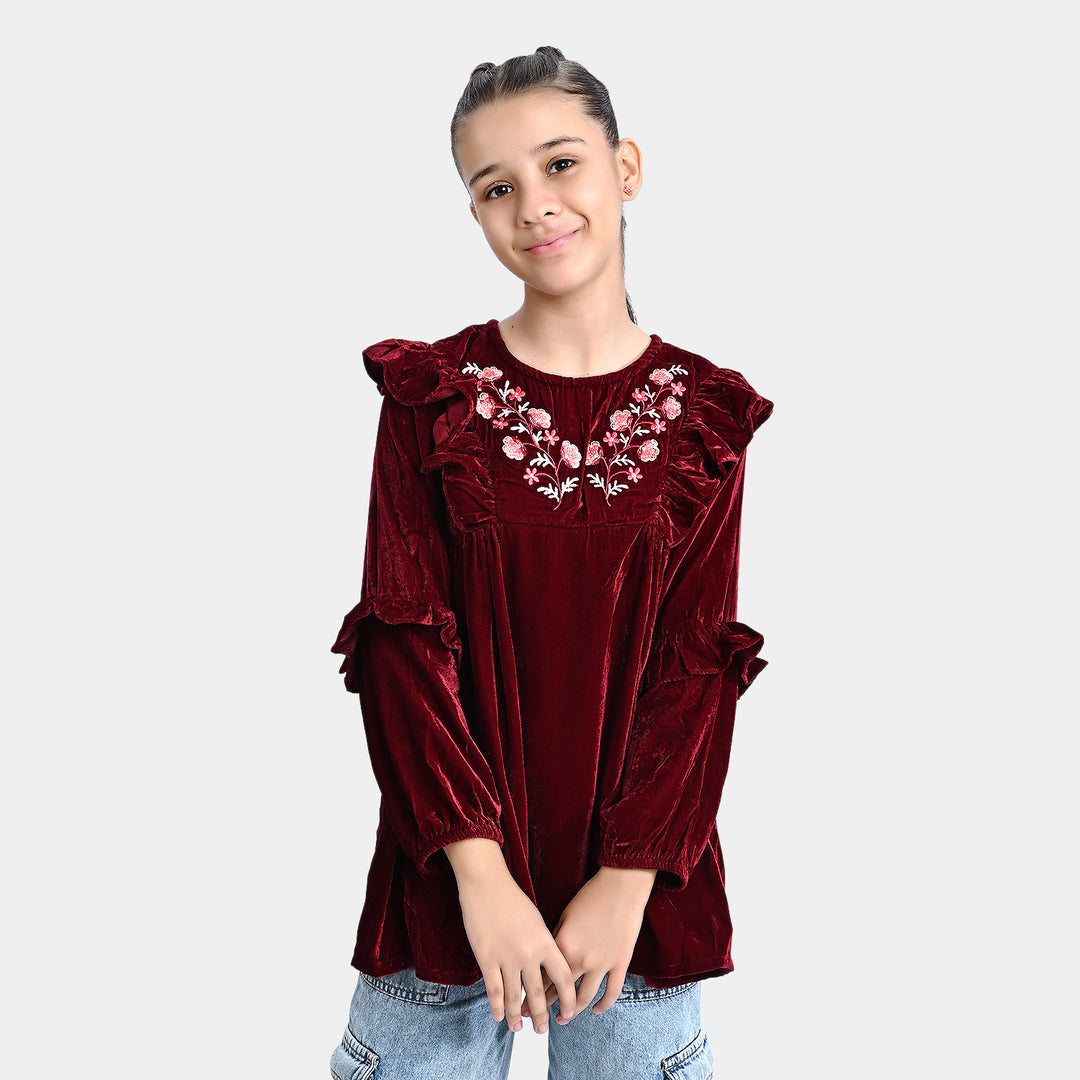 Girls Velvet Emb Top Ruffles And Flowers-MAROON