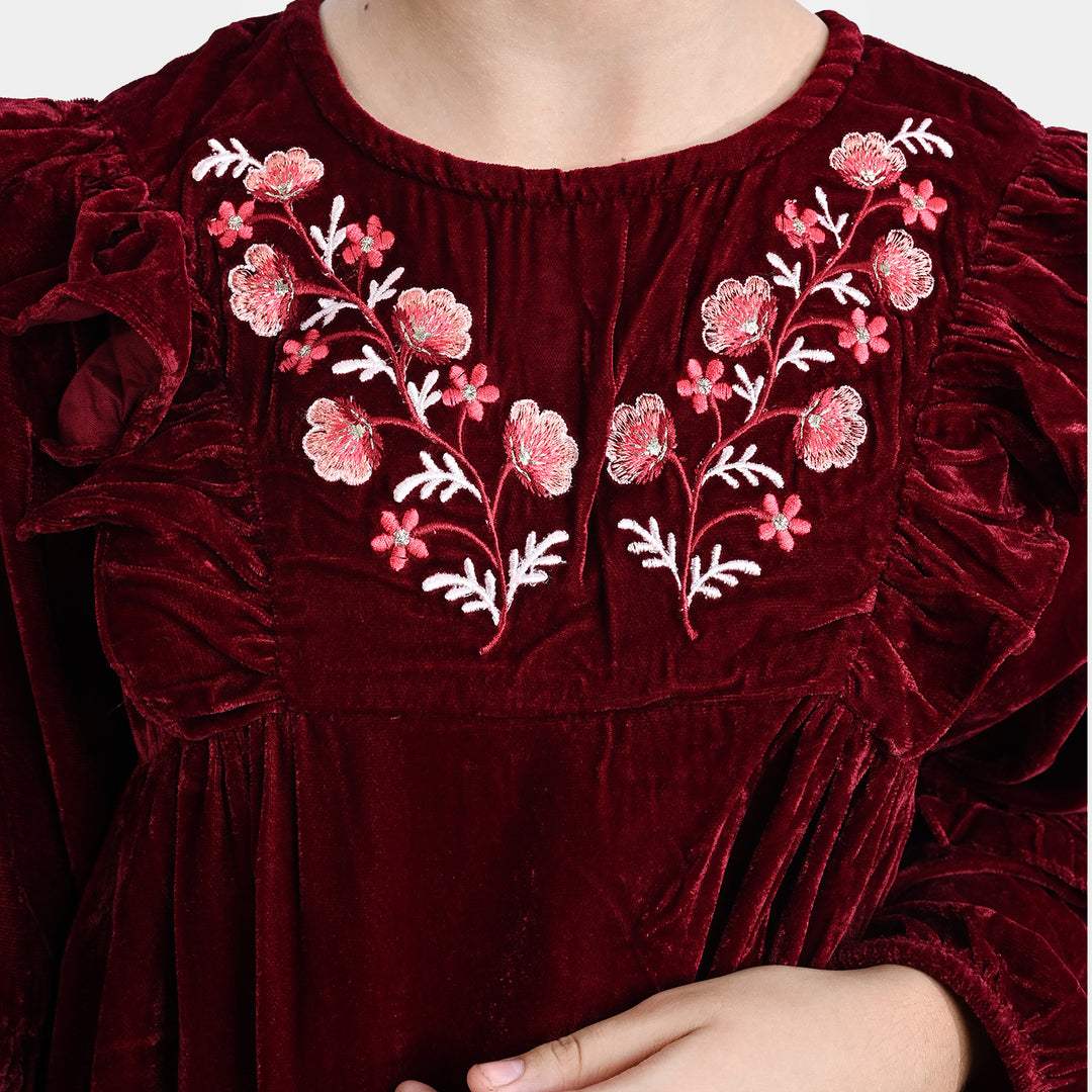 Girls Velvet Emb Top Ruffles And Flowers-MAROON