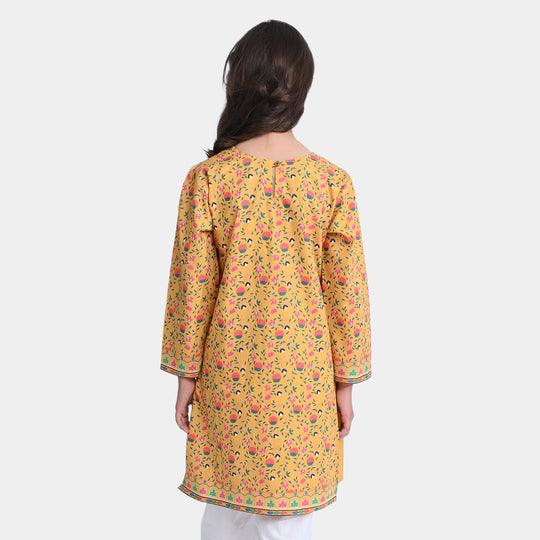 Girls Cotton Poplin Printed Kurti Laddu Peel-Mustard