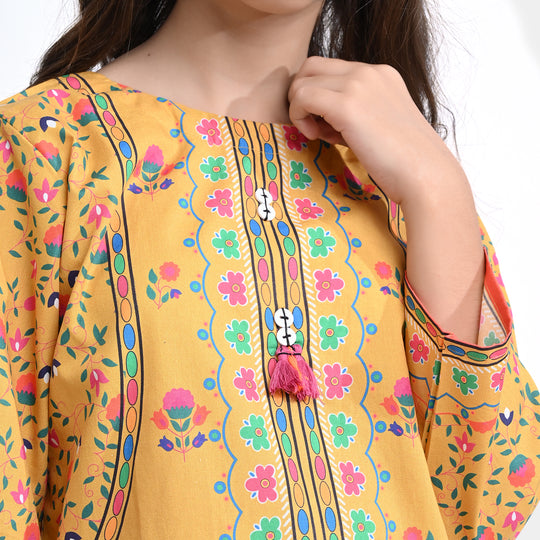 Girls Cotton Poplin Printed Kurti Laddu Peel-Mustard