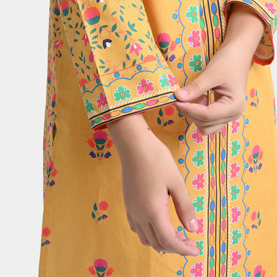 Girls Cotton Poplin Printed Kurti Laddu Peel-Mustard